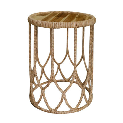 Handwoven Round Side Table With Wood Top – Natural Rattan Accent Table
