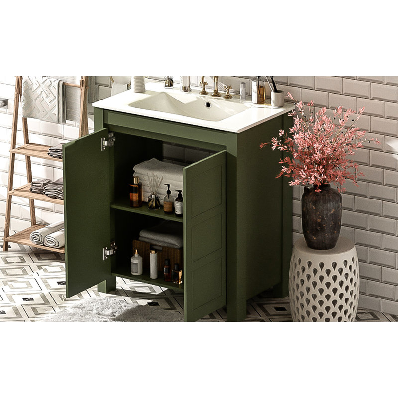 Meuble-lavabo de style rustique de 30 pouces avec lavabo en céramique, poignées de porte dissimulées, tablette réglable et charnières à fermeture en douceur 30 po avec finition olive et tablettes