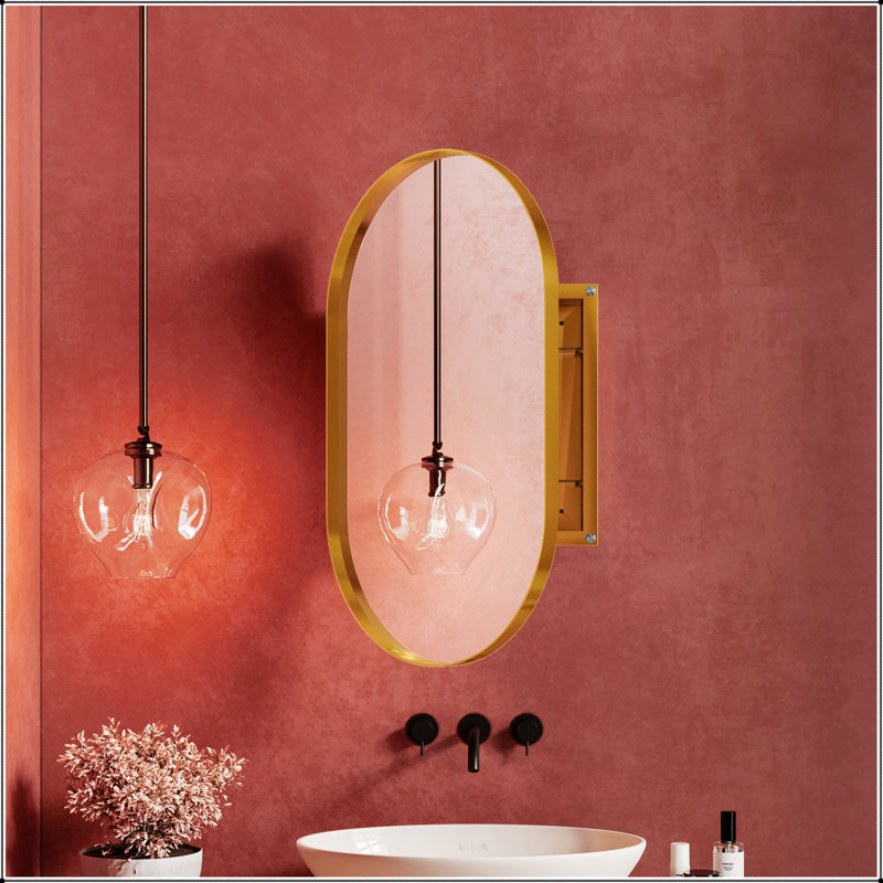 Pharmacie encastrable ovale 20 po x 34 po avec cadre en métal, miroir et tablettes réglables pour le rangement de la salle de bain
