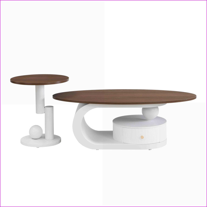 Ensemble de 2 tables basses gigognes blanches pour le salon, ovales et rondes avec rangement, facile à assembler, Blanc