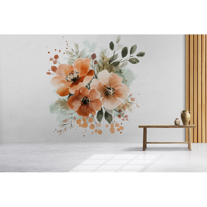 Adhésif décoratif terre cuite florale - grande aquarelle murale murale pour décor de chambre 015Mv, H 50 po x l 50 po