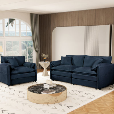 Coussin et fauteuil profond 2 pièces, revêtement en chenille bleue, 3 coussins, bureau spacieux pour la chambre à coucher, tissu de bricolage, siège, appartement de bureau moderne, avec coussins d'accoudoirs