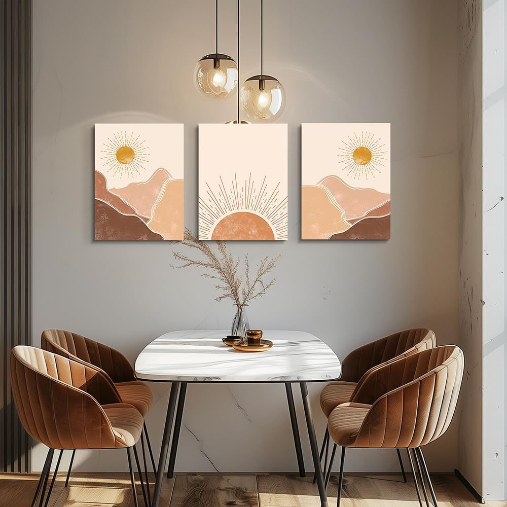 Boho 3 Piece Large Size Canvas Wall Art - Minimalist Abstract Mountain Sunshine Paintings For Living Room, Bedroom, Office & Children's Room Decor