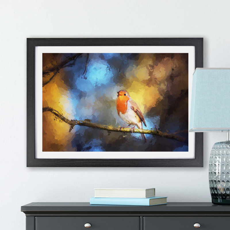 Robin Bird In A Tree - Single Picture Frame Painting, Black, 45cm H x 63cm W x 2cm D