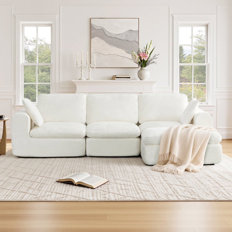 Dineen 108"W No Assembly Required 4-Piece Cloud Couch Comfy Sofa With Ottoman, Cream