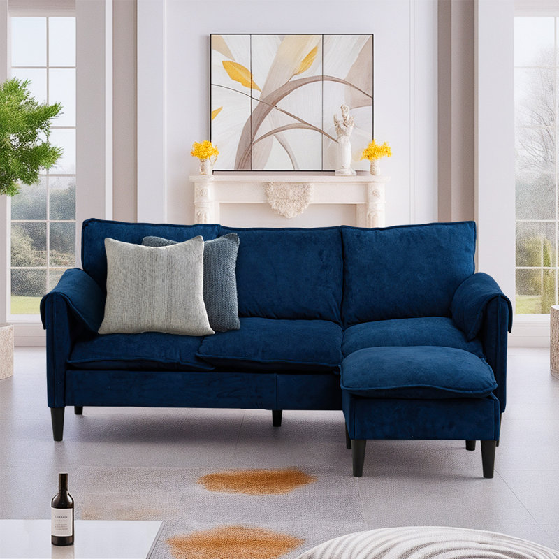 Canapé convertible en L avec repose-pieds et rangement, Tissu bleu