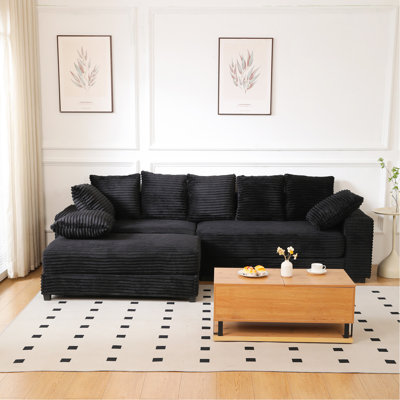 108.6" Sectional Sofa, Thickened Corduroy Sectional Couches For Living Room,Comfortable L-Shaped Chaise Sectional Sofa With Storage Ottoman,Eight Throw Pillows,Black