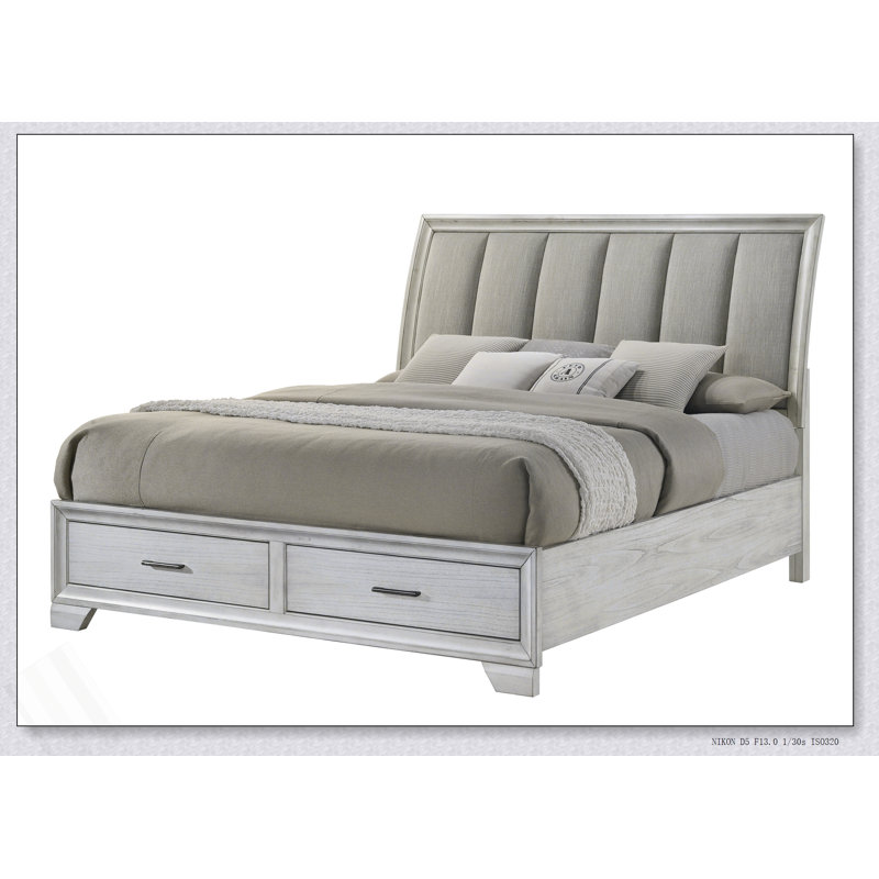 Lit plateforme grand 1Pc avec tête de lit rembourrée moelleuse et deux tiroirs de rangement en bois massif blanc brume