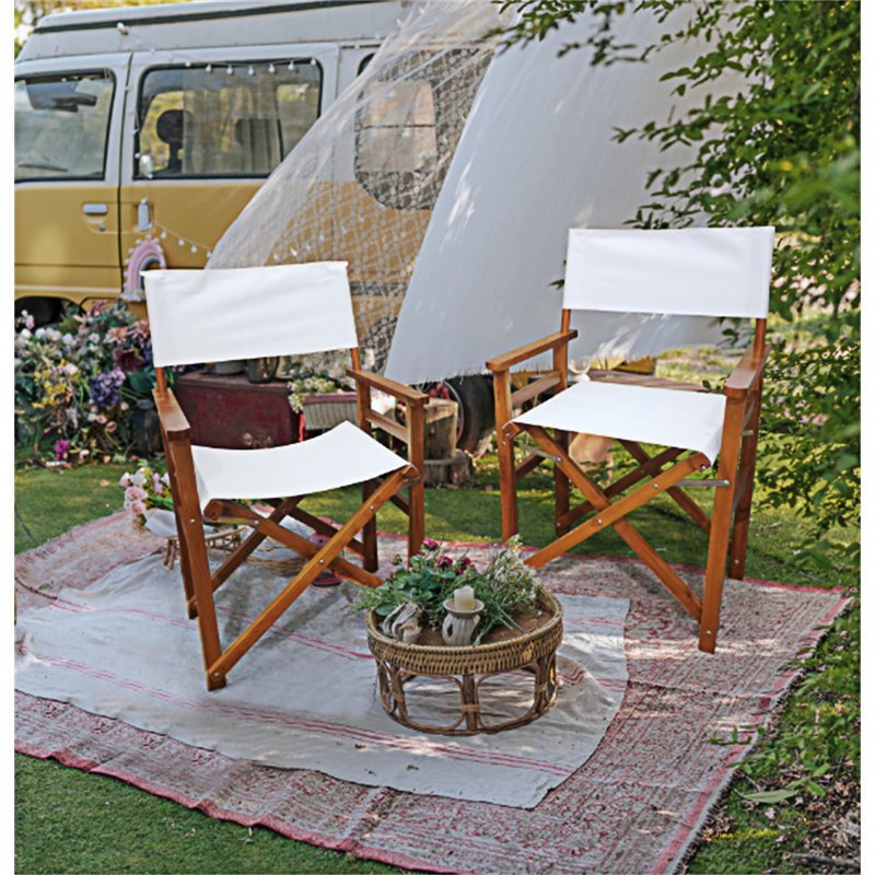 Ensemble de 2 chaises pliantes en bois, Coussin blanc / structure naturelle