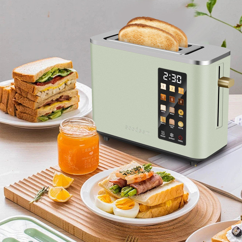 2 Slice Toaster,Touchscreen Stainless Steel Toaster,6 Bread and Toning Options,Timer,Removable Crumb Tray,900W, Green