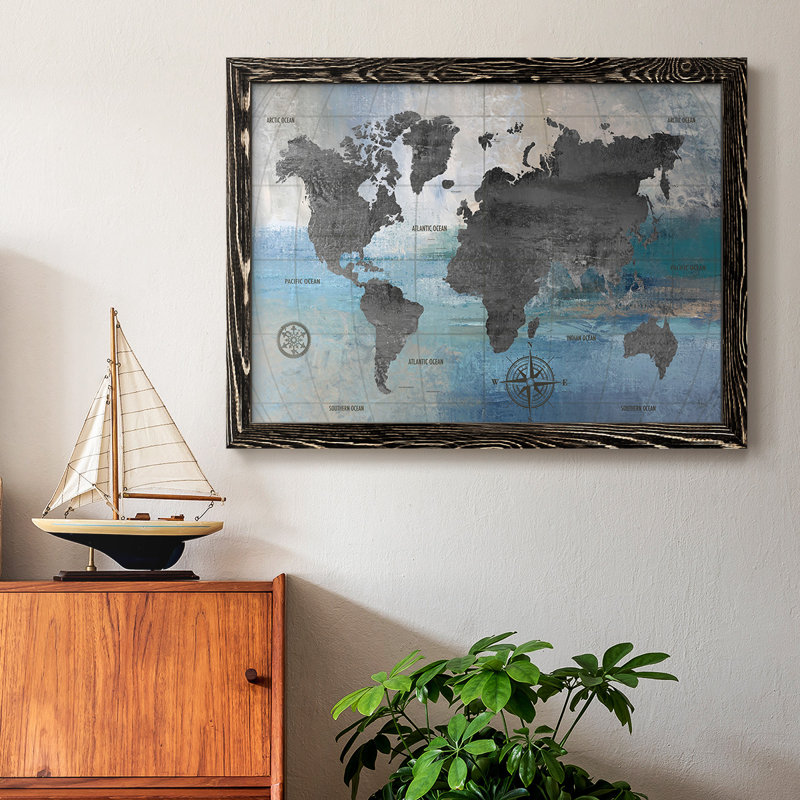 Carte du monde bleue et grise, reproduction sur toile, Noir, H 14 po x l 20 po x P 1,5 po