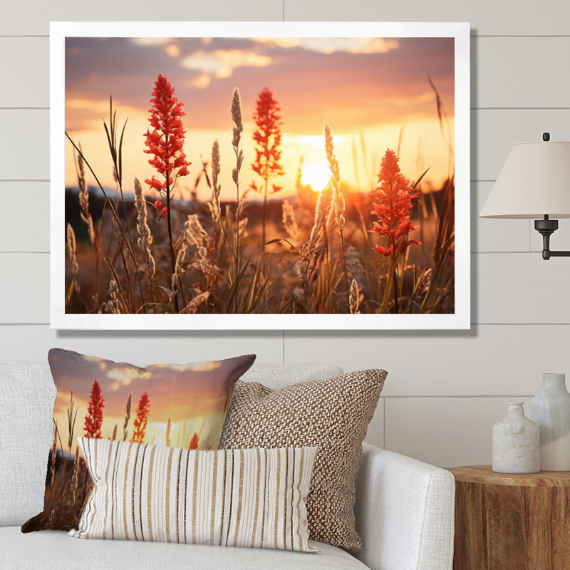 " Wildflowers Field With Sunset ", 16" H x 32" W x 1" D, White Single Picture Framed