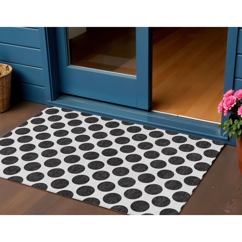 3' X 5' Black And Ivory Polka Dot Washable Indoor Outdoor Area Rug