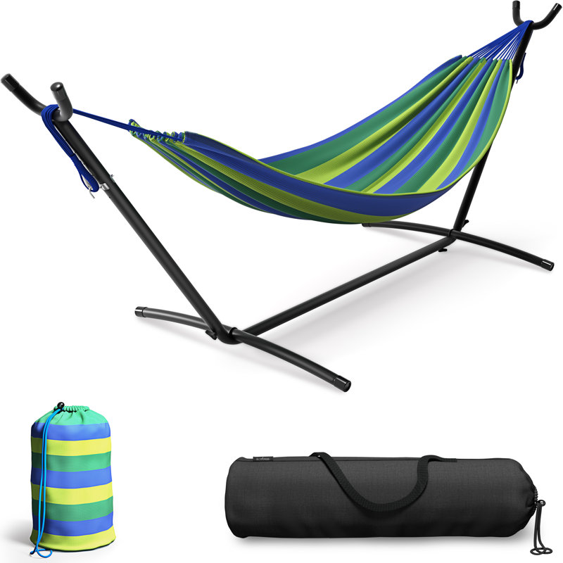 Hamac double réglable en coton avec support, Rayures bleues / vertes