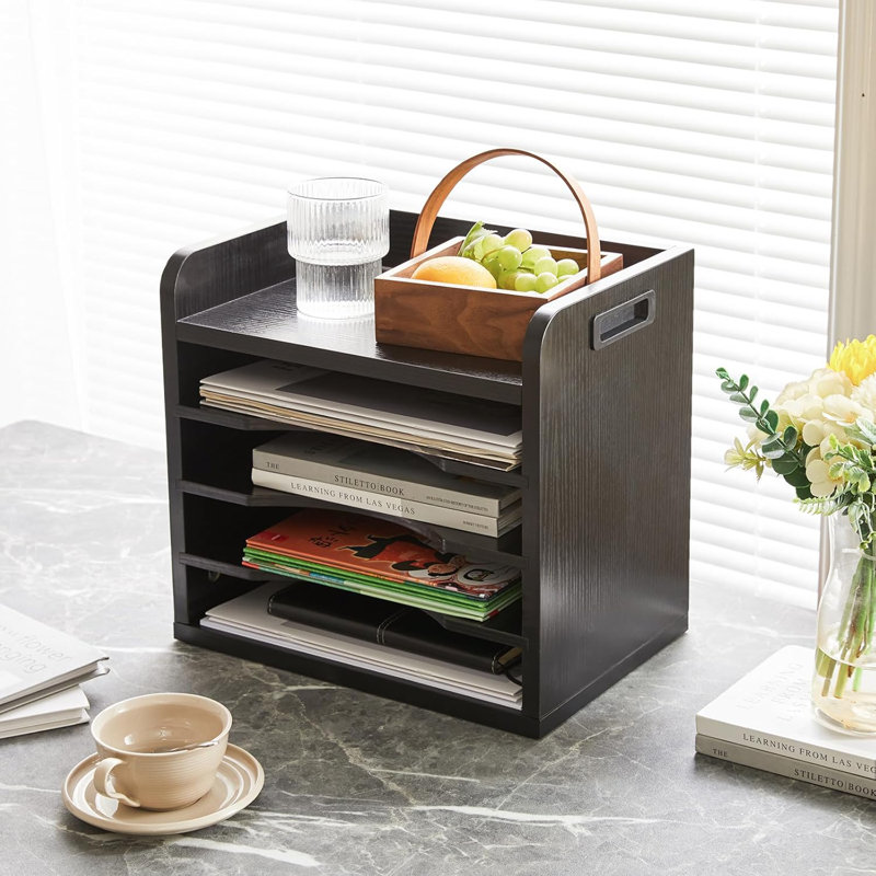 Black Chipboard Desktop File Organizer with Adjustable Shelves