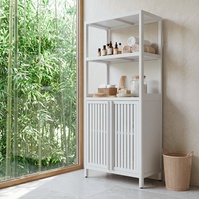 Bamboo Storage Cabinet, Separate Bathroom Cabinet With 2 Doors, White