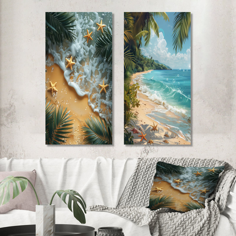 Étoile de mer à la plage tropicale I - ensemble d'art mural de plage 2 pièces, H 28 po x l 24 po, Toile tendue sur cadre