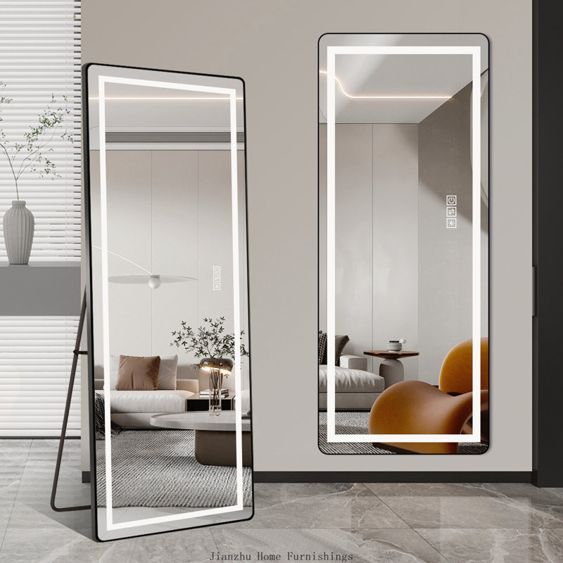 64x21 Inch Vertical Full Length Mirror with LED Light, Illuminated Floor Mirror with Bracket and Aluminum Thin Frame, Black