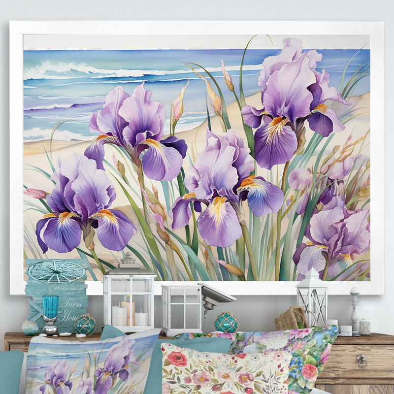 Iris mauves sur la plage sur toile, H 24 po x l 32 po x P 1 po, Cadre simple blanc