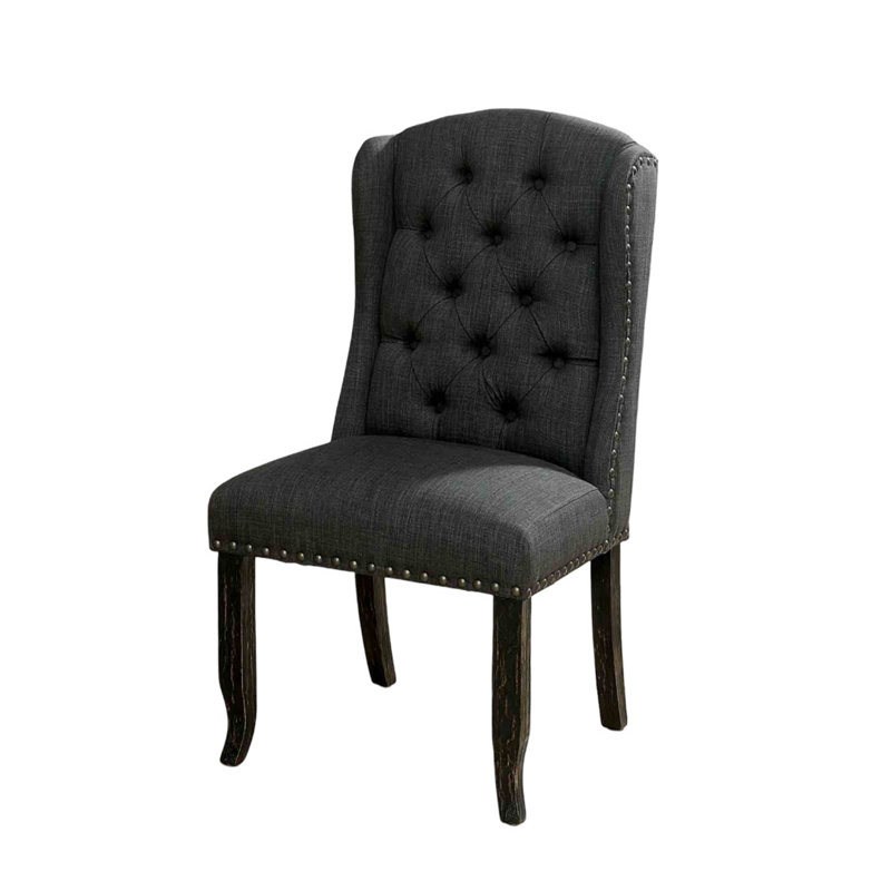 Chaise de salle à manger rustique 2 pièces capitonnée avec garniture cloutée capitonnée et dossier à oreilles finition noir et gris antique