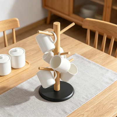 Porte-tasse à café avec 6 crochets, arbre de tasse peu encombrant pour le comptoir, fabrication en bambou robuste avec base antidérapante