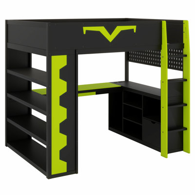 Lit mezzanine RVB avec bureau intégré, plateau pour clavier, prise de courant, tiroir et tablettes