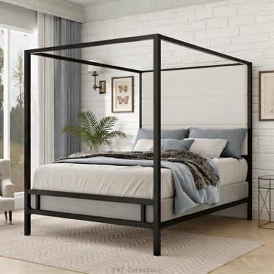 Canopy Bed - Velvet Upholstered Headboard (76.5" Tall), Metal Four Poster - King Size