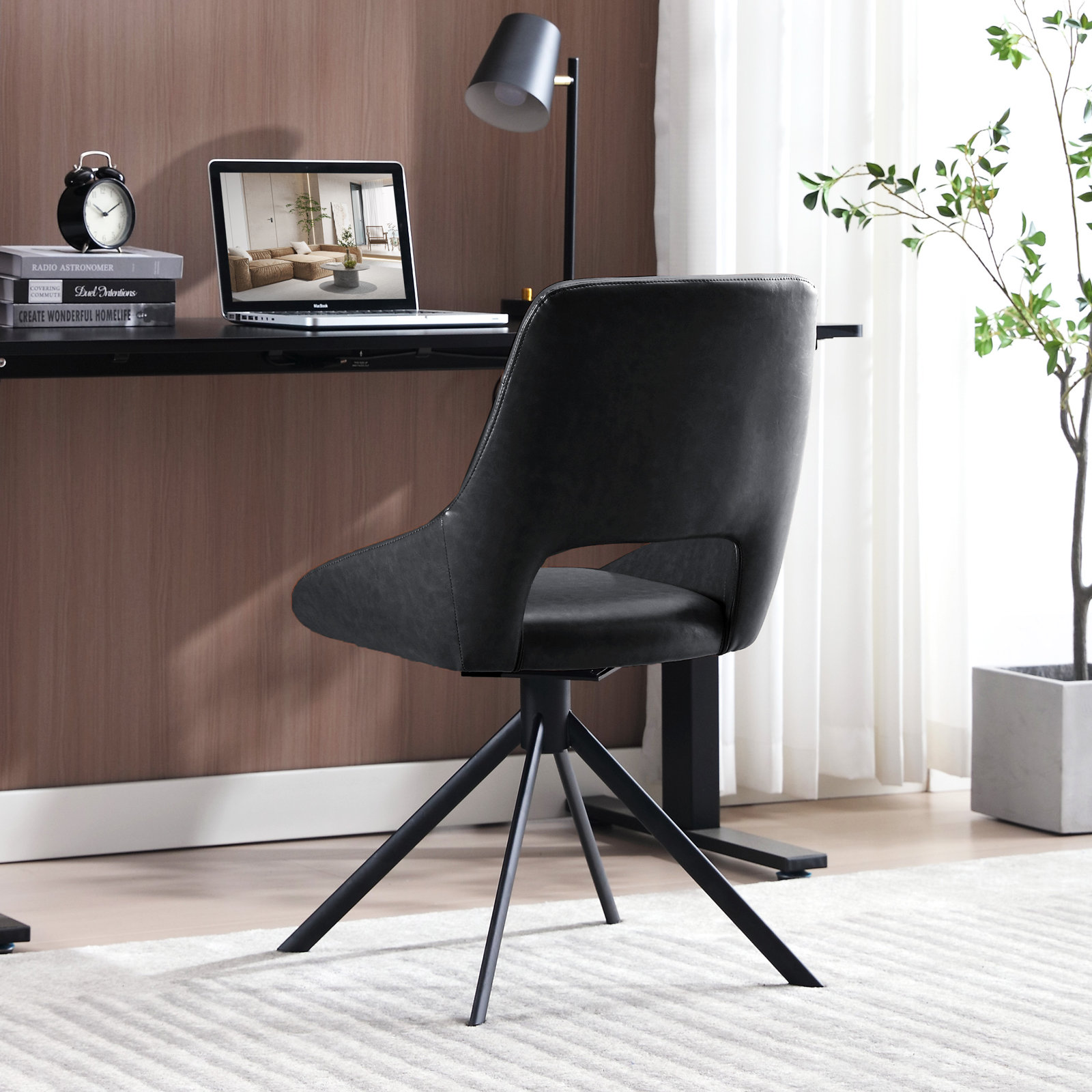 Jakavian Ergonomic Faux Leather Swivel Task Chair with Arms and Stationary Base Mid Century Modern Office Chair No Wheels