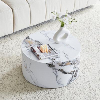 Table basse ronde à texture naturelle en marbre blanc naturel, 23,6 po de largeur, pas besoin d'installation