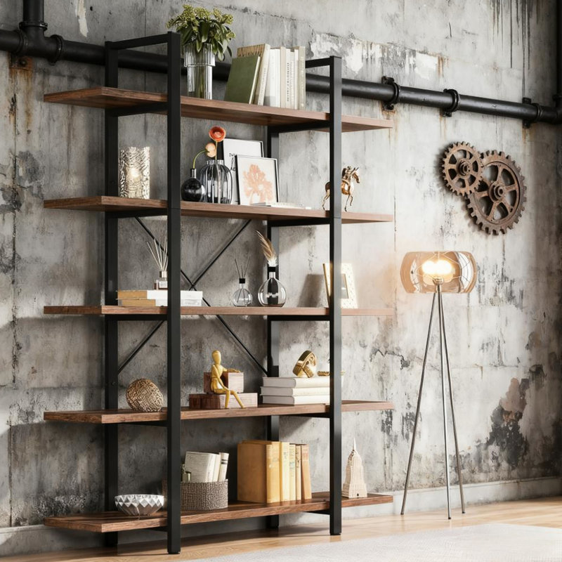 Bibliothèque pour chambre à coucher et salle d'étude 5 avec très grand espace de rangement, tablettes rustiques, construction, conception ouverte multifonctionnelle, présentoir décoratif antidérapant, fiable