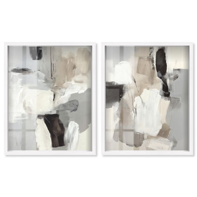 Contemporary Monochrome Abstracts Pair Shadowbox Print Boho Wall Decor Set by Art Remedy, White Frame, 20 x 24