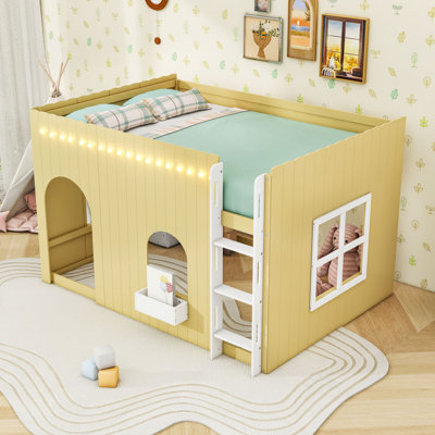 Wooden Loft Bed with LED Light String, Shelves and Ladder