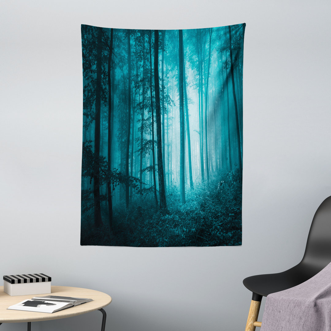 Wandteppich, Nebliger dunkler Wald, Teal