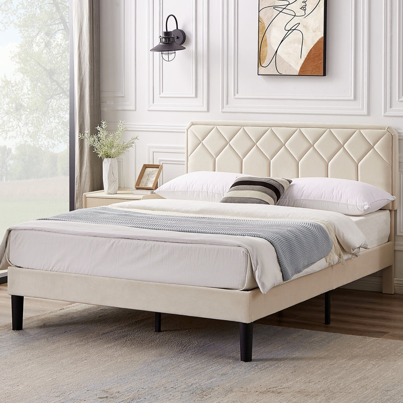 Queen Platform Bed Frame with Velvet Upholstered Headboard and Wooden Slats Support, Mattress Foundation/No Box Spring Needed