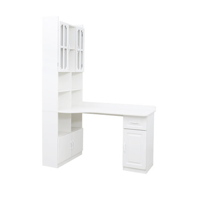 Bureau d'ordinateur d'angle en L pour bureau à domicile ou bureau d'étude, table d'étude de style moderne avec tiroirs, bibliothèque et huche, conception en L 2 en 1, grand espace de travail, blanc