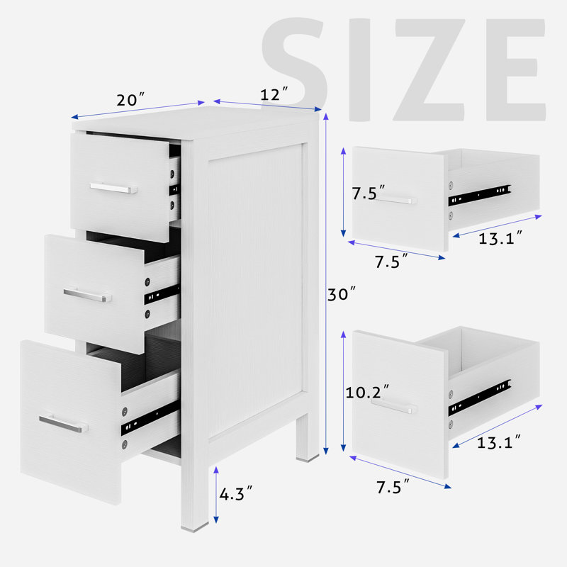 Armoire latérale autoportante 12 po avec 3 tiroirs 12 po, Blanc