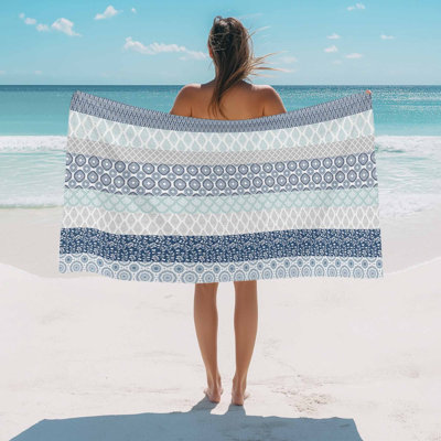 Beach Towel Boho Bath Pool Towels Bohemian Geometric Stripes Teal Grey Absorbent Beach Towel Soft Large Quick Dry Lightweight Camping Travel Sports Yoga Gym Swim Towels for Adult 32x63 Inch