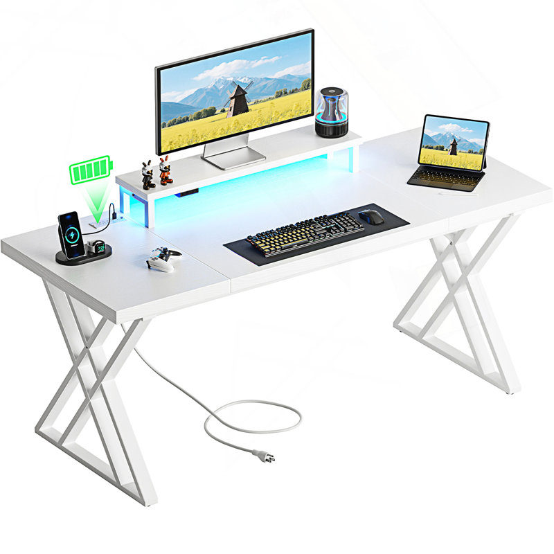 Gaming Desk With USB Charging And LED Light, White