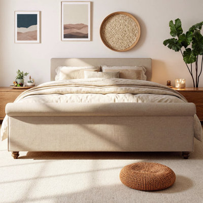 Queen Size Upholstered Platform Bed with Linen Fabric, Thick Rolled Edge Headboard & Footboard, Vintage Solid Wood Oval Legs, 800+ lb Capacity, No Box Spring Needed, Easy Assembly