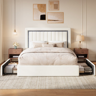 Modern Velvet Upholstered Platform Bed with Storage Drawers, Adjustable Wide LED Lighted Headboard, Full Size, No Box Spring Needed