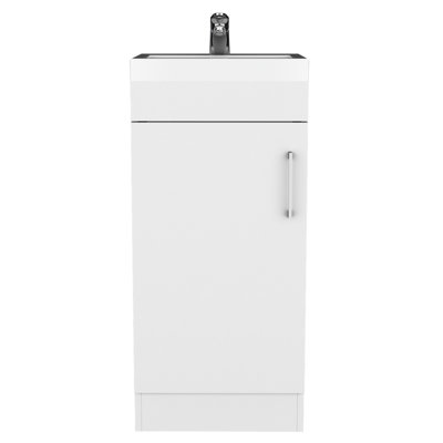 Meuble-lavabo de 16 po - Lavabo en résine blanche, tablette intérieure et poignée en métal, armoire (panneau de particules avec poignée et porte simple