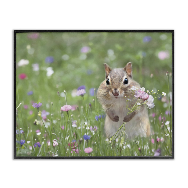 Chipmunk cueillant des fleurs, estampe numérique par Lori Deiter, Giclée encadrée noir minuit, H 16 po x l 20 po
