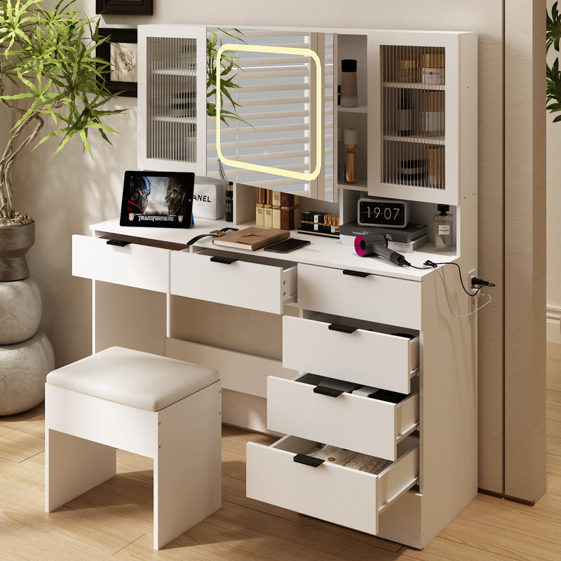 Ensemble de coiffeuse avec USB, Blanc / Blanc