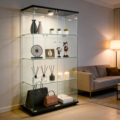 Glass Display Cabinets, 4-tier Curio Bookshelf With 2 Lockable Doors And Led Lights For Living Room Or Home Office Black