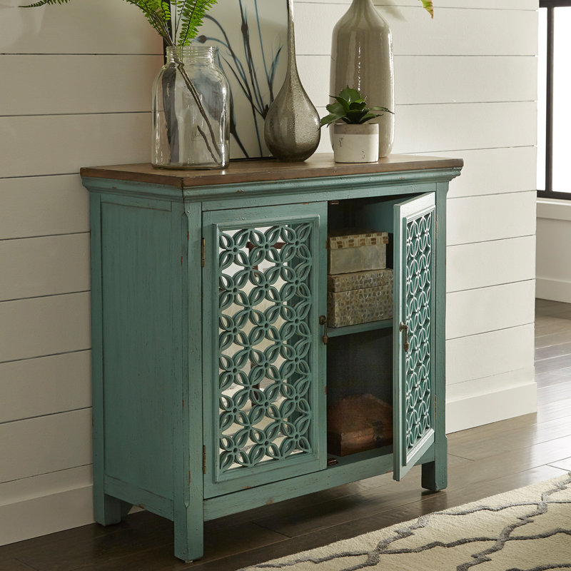 Zavier Mirrored Solid and Manufactured Wood Accent Cabinet, Brown/Turquoise, 36.5" H x 38" W x 17" D