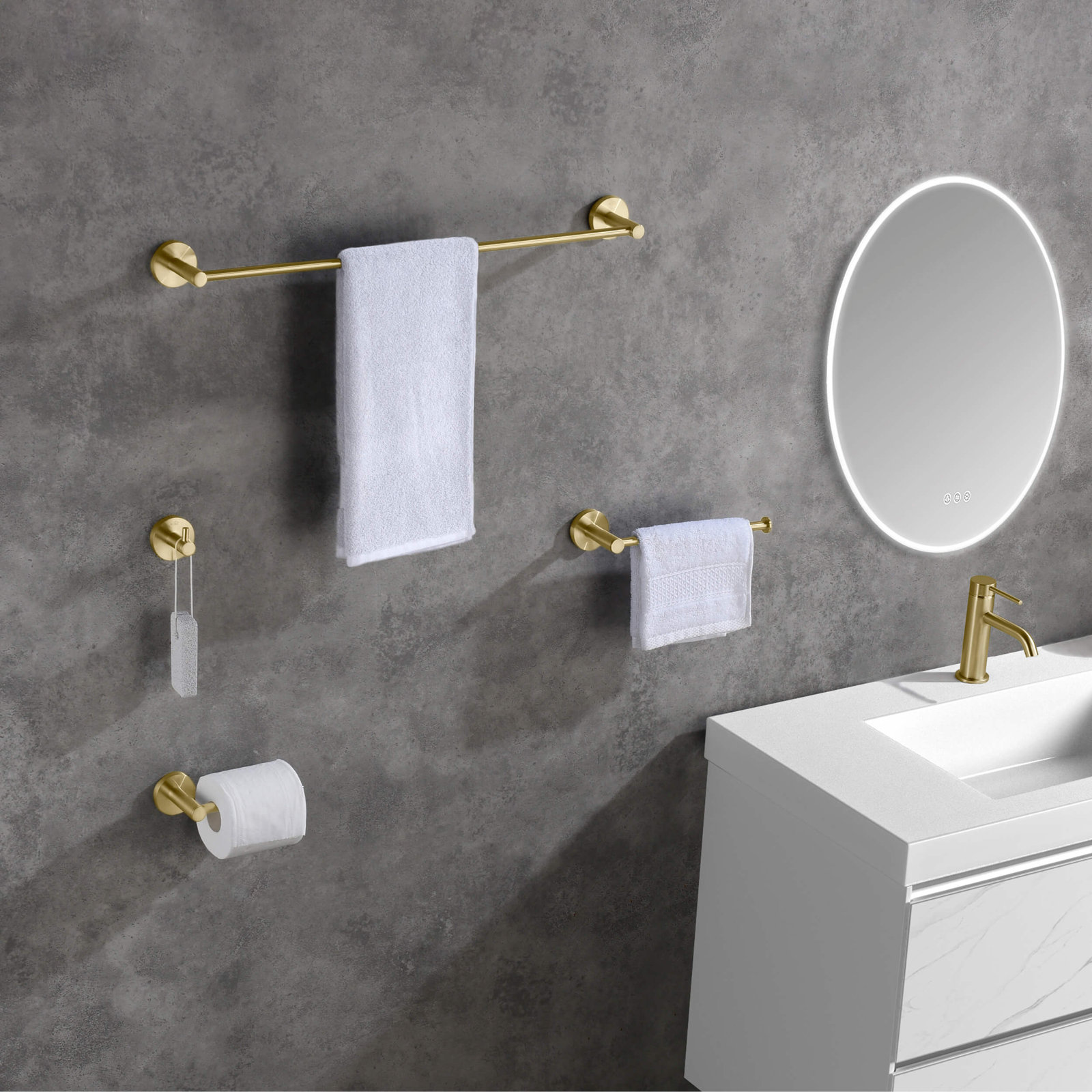 Circular 5-Piece Bathroom Hardware Set, Brush Gold