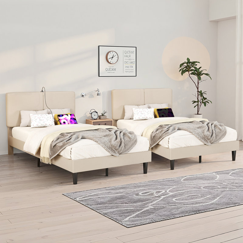  Ensemble de 2 lits simples avec base de charge, tête de lit tapissier, 2 ports USB, lit plateforme avec lattes de bois, sans sommier, beige