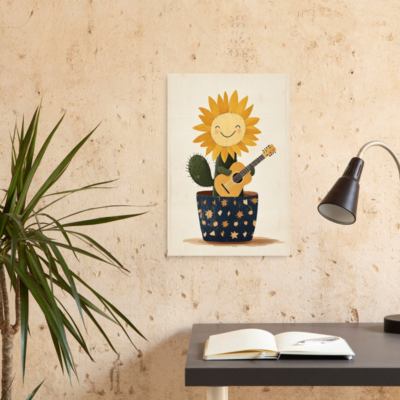 «Happy Cactus Musician Playful Whimsical Abstract Cactus Succulent Sunflower Nature Landscape», reproduction d'art
