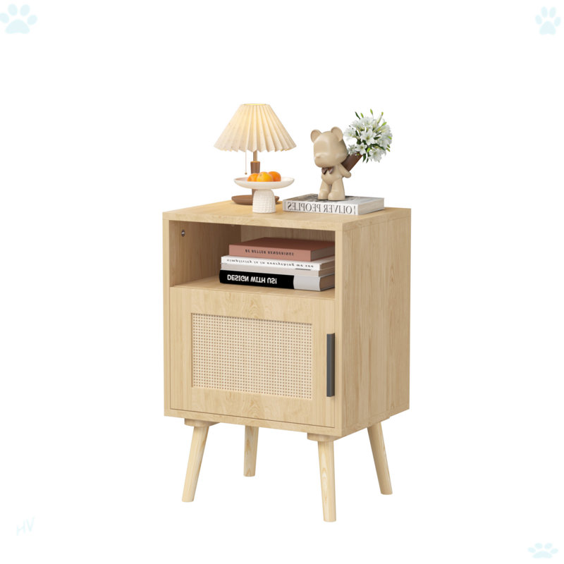 Rattan Nightstand, Side Table With Door Open Shelf