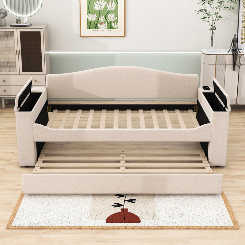 Vaelin Upholstered Daybed with Trundle, Beige, Twin